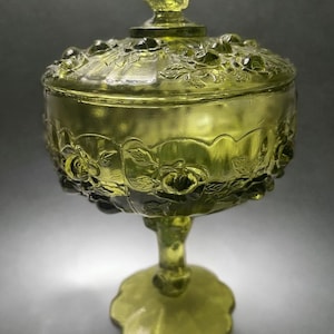 Vintage Green Fenton Cabbage Rose Pedestal Candy Dish with Lid