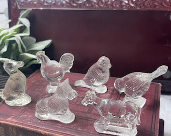 Vintage LE Smith clear glass Animal figurines|birds|rooster|scottie terrier dog| cow|duck collectible animal figurines