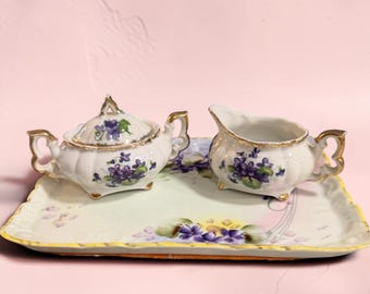 Hand‑Painted Napco Sugar Bowl & Creamer with Matching Violet Tray – Vintage Porcelain Floral Set – Gold Trim Cottagecore Tea Decor