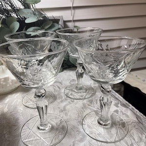Vintage Rock Sharpe 3006-7 Etched Crystal Sherbet Glasses | 1940s Mid Century Champagne Coupe Stemware | Elegant Hand Blown Barware Set of 4