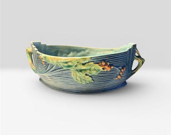 Roseville Pottery 385‑10” Console Bowl • Blue & Green Art Pottery • Vintage Raised Botanical Design • 1941 Roseville