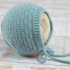 Jade Handknit Merino Wool Baby Bonnet, New Mom Gift 0-6 month old baby hat with ties, photography prop, homecoming present. Ready to ship!