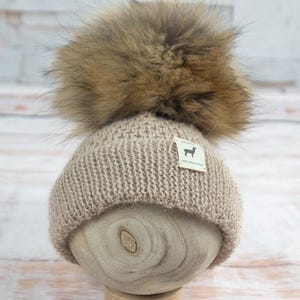 Baby Beanie Hat with Pompom, 0-6 Month Baby Beanie Hat, Handmade Newborn Hat, Handknit Taupe Baby Hats, Alpaca Beanie, New Baby Gift