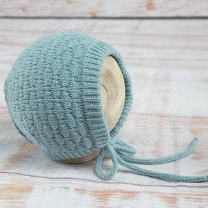 Jade Handknit Merino Wool Baby Bonnet, New Mom Gift 6-12 month old baby hat with ties, photography prop, homecoming present. Ready to ship!