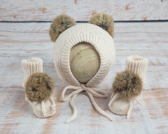 Baby bonnet & booties 0-6 mos size-double rabbit fur pom poms in soft ivory Australian merino wool. Quick ship!