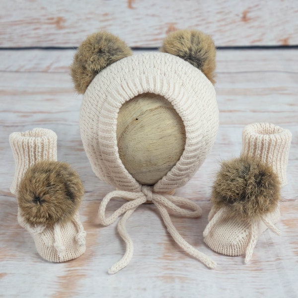 Baby bonnet & booties 0-6 mos size-double rabbit fur pom poms in soft ivory Australian merino wool. Quick ship!