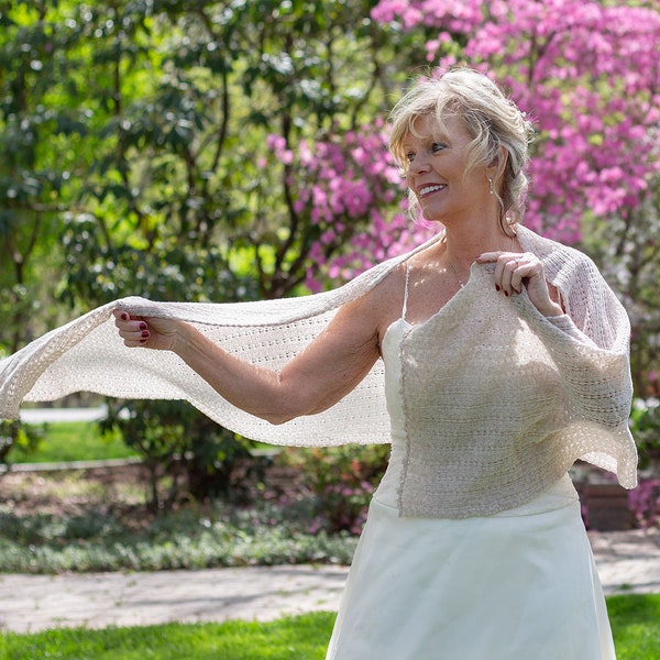 Bridal taupe merino shawl, handknit luxury airy wrap lace cover-up or stole, with elegant scalloped crocheted edges. Ready to Ship!