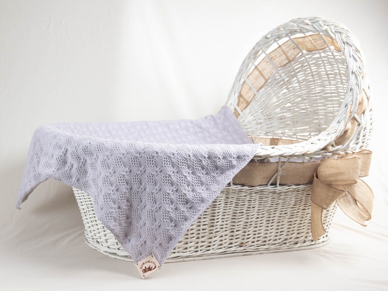 Handknit Baby Blanket in Organic Cotton Light Grey, Handmade Baby Boy