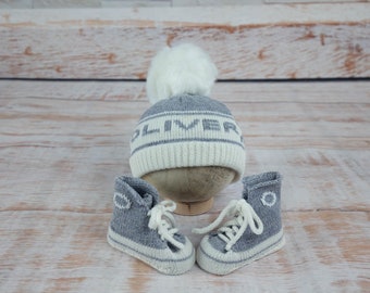 Baby Beanie "Oliver" and High Top sneakers set 6-12 month old with name  knit in. Gray Merino Wool