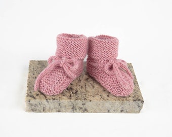 Baby Booties 6-12 months, handknit pink Bolivian Alpaca crib shoes or natural baby socks, perfect new mom shower gift.  Ready to ship!