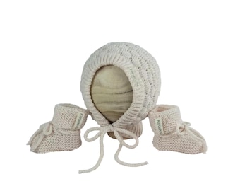 Handknit Ivory Merino Wool Baby Bonnet and Booties Set, 6-12 Months
