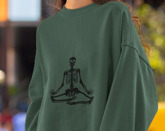 Skeleton Yoga Sweatshirt | Meditating Skeleton Graphic Sweatshirt | Cozy Unisex Halloween Sweater | Gothic Yoga Apparel | Spooky Skeleton