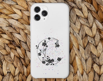 Lua celestial com caixa das flores de <br> Entrega Rápida? Capa para iPhone com estrelas coloridas da lua preta e branca, modelos iPhone 15, 14, 13, 12 e 11 Plus, Pro, Pro Max