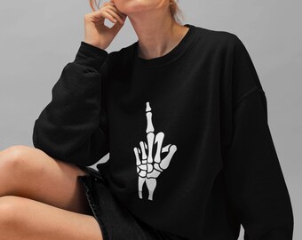 Skeleton Middle Finger Sweatshirt | Edgy Skeleton Hand Graphic Crewneck | Unisex Statement Sweatshirt | Cozy, Durable, Bold