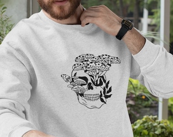 Mushroom Skull Sweatshirt / Halloween Skeleton with Mushrooms Sweatshirt / Spooky Halloween Skeleton Crewneck Sweatshirt