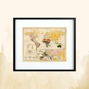 World Map Framed Poster, Vintage Wall Art, Ethnographic Map 1850, Educational Decor, Home Office Decoration, 14&quot;x11&quot; (Horizontal)