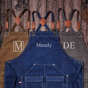 Canvas Workshop Apron with Pockets, Custom Gift for Him, Personalized Bar Apron, Embroidered Kitchen Apron, Barbeque Apron, Bartender Apron
