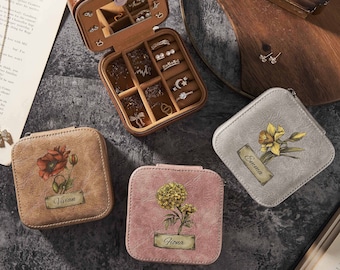 Personalized travel jewelry box, small square earring organizer, bridesmaid gifts box for sister, friend