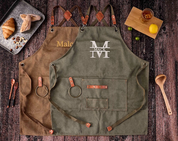Bartender Apron, Custom Gift for Him, Personalized Bar Apron, Canvas Workshop Apron with Pockets, Embroidered Kitchen Apron, Barbeque Apron
