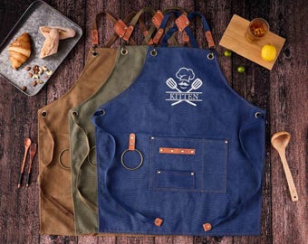 Custom Gift for Him, Personalized Bar Apron, Canvas Workshop Apron with Pockets, Embroidered Kitchen Apron, Barbeque Apron, Bartender Apron