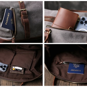 May include: A gray canvas and brown leather travel duffel bag with multiple pockets. The bag is open and shows a passport, a phone, and a wallet inside.