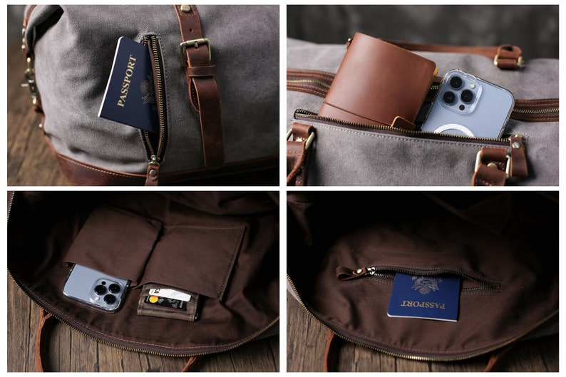 May include: A gray canvas and brown leather travel duffel bag with multiple pockets. The bag is open and shows a passport, a phone, and a wallet inside.