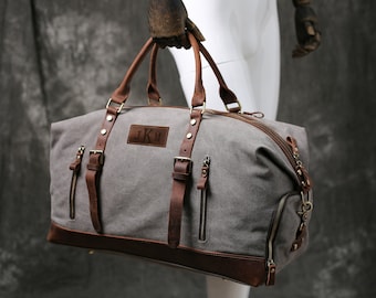 Personalized Duffel Bag, Canvas Holdall, Vintage Luggage Bag, Canvas Leather Overnight Bag, Large Travel Weekender Bag, Groomsmen Gifts