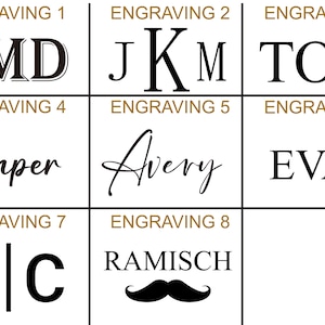 May include: A white background with eight different engraving options. The engravings include names, initials, and a mustache.