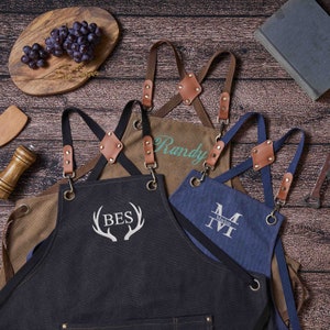 Canvas Workshop Apron with Pockets, Custom Gift for Him, Personalized Bar Apron, Embroidered Kitchen Apron, Barbeque Apron, Christmas gift