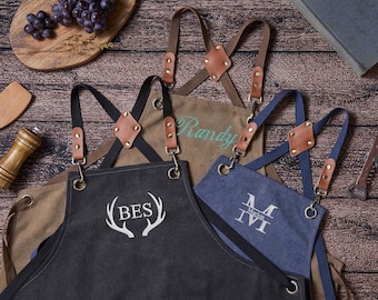 Canvas Workshop Apron with Pockets, Custom Gift for Him, Personalized Bar Apron, Embroidered Kitchen Apron, Barbeque Apron, Christmas gift