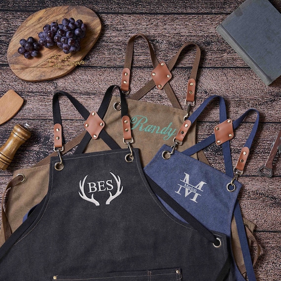 Canvas Workshop Apron with Pockets, Custom Gift for Him, Personalized Bar Apron, Embroidered Kitchen Apron, Barbeque Apron, Christmas gift