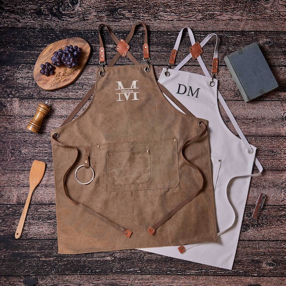 Personalized Bar Apron, Canvas Workshop Apron with Pockets, Custom Gift for Him, Embroidered Kitchen Apron, Barbeque Apron, Bartender Apron