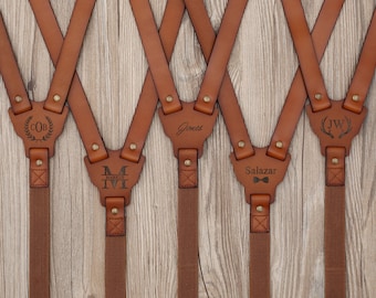 Personalized Men’s Leather Suspenders Groomsmen Suspenders Brown Suspenders Leather Suspenders