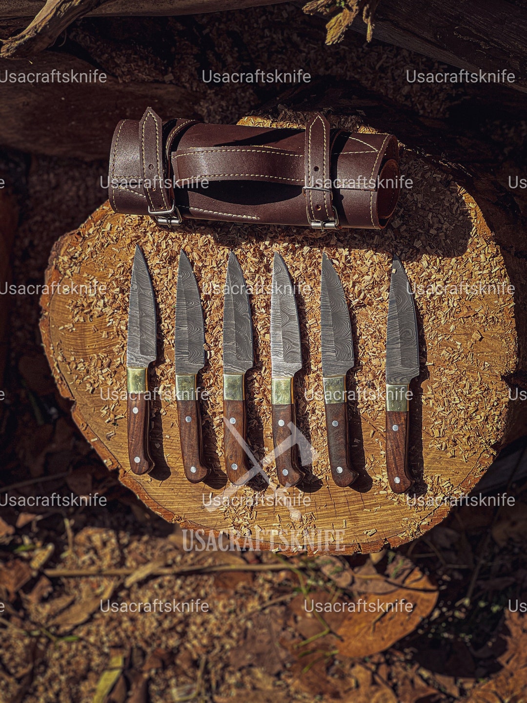 BBQ Steak Knives Set 6 Pcs,outdoor Steaks Knives, Damascus Steel