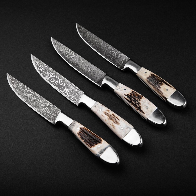 Stag Antler Damascus Steel Steak Knives Set 4 Pcs, BBQ Steak Knives