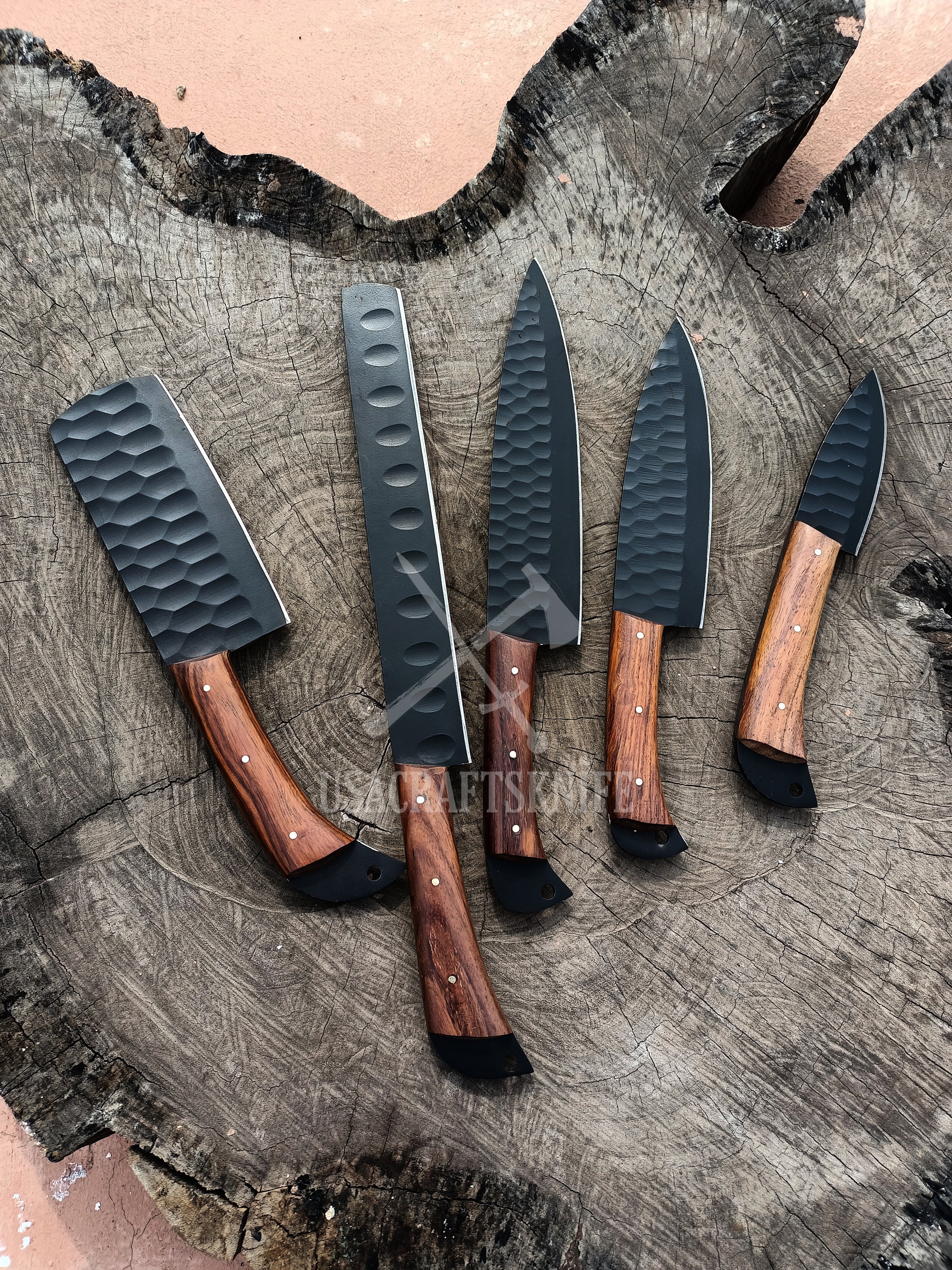 Custom Handmade Carbon Steel Chef Knife Set, Kitchen Knife Set Black Powder  Coating Blades, Wooden Handle, Damascus Knife Set, Gift for Her 