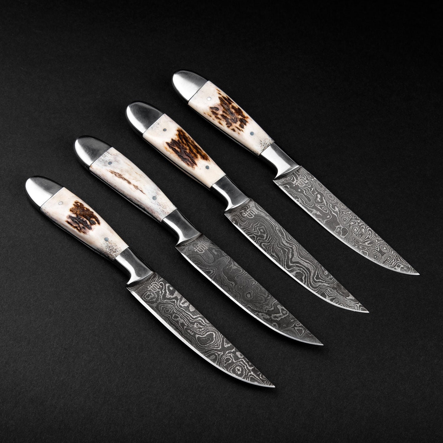 Stag Antler Damascus Steel Steak Knives Set 4 Pcs, BBQ Steak Knives, Outdoor Steaks Knives, Chef