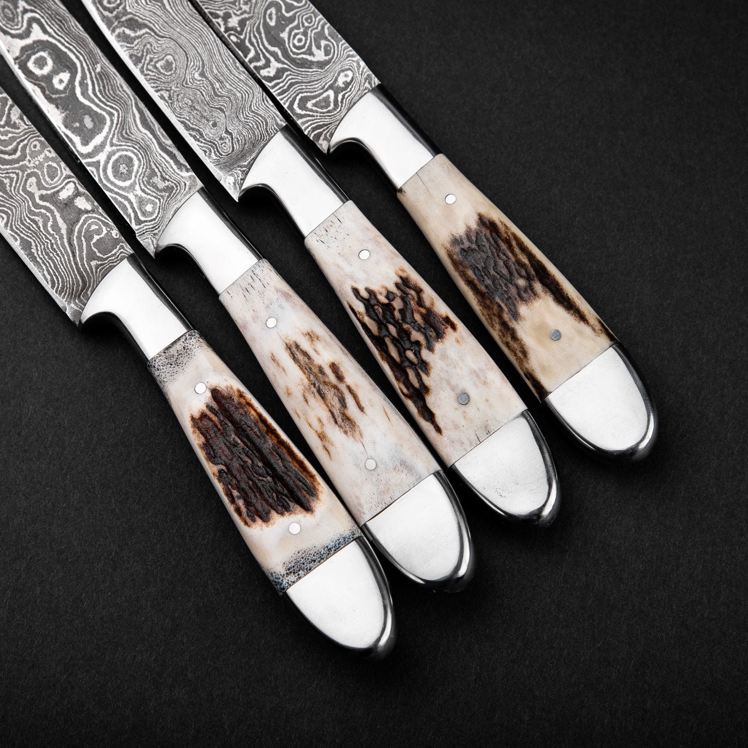 Stag Antler Damascus Steel Steak Knives Set 4 Pcs, BBQ Steak Knives, Outdoor Steaks Knives, Chef