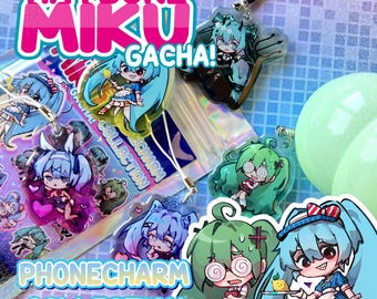 Hatsune Miku Acryl Telefoonhanger Gacha + Stickers! 1 op 12 Miku sleutelhangers gegarandeerd en je krijgt je favoriete Miku als sticker.