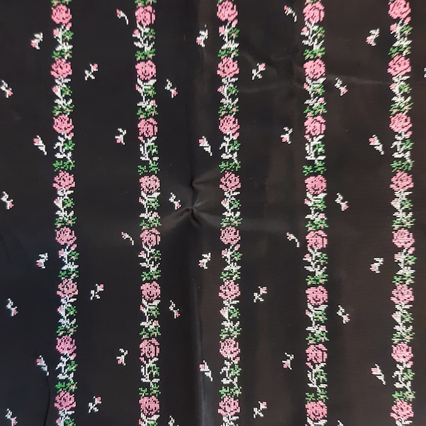 Vintage Black Taffeta, Rose Cross stitch print, Pink White, 2 yards 44"