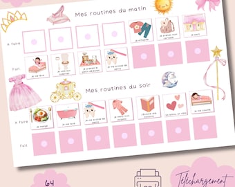 Op de afbeelding: Een roze en witte afdrukbare dagelijkse routinekaart met illustraties en Franse tekst. De kaart bevat ochtend- en avondroutines, met ruimte voor taken als aankleden en tandenpoetsen. PDF-download.