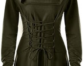 Womens Renaissance Costumes Hooded Robe Lace Up Pullover High Low Long Hoodie Dress Size XL Army Green Halloween Party Dress Costume