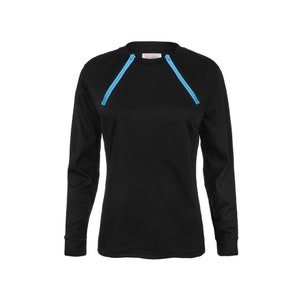 Women&#39;s Chest Port Access Infusion Shirt - ComfyChemo® - Long Sleeve Black with Blue Zippers