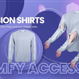 Pu&ograve; includere: Magliette grigie a maniche lunghe per infusione al braccio con strisce bianche sulle maniche. Le magliette hanno un'apertura con cerniera sul braccio. Il testo sull'immagine recita "ARM INFUSION SHIRTS" e "COMFY ACCESS".