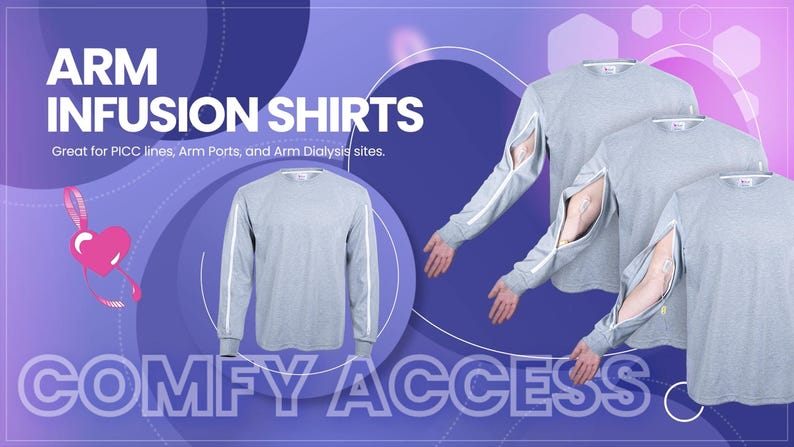Pu&ograve; includere: Magliette grigie a maniche lunghe per infusione al braccio con strisce bianche sulle maniche. Le magliette hanno un'apertura con cerniera sul braccio. Il testo sull'immagine recita "ARM INFUSION SHIRTS" e "COMFY ACCESS".