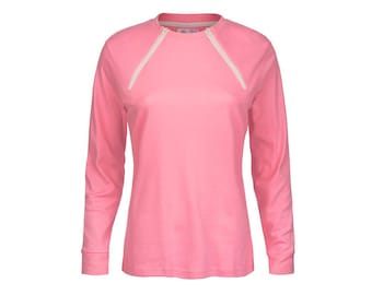 May include: A pink long-sleeved shirt with two white zippers on the front.