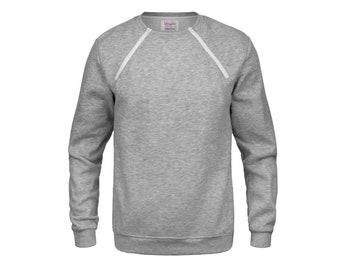 May include: A heather gray sweatshirt with a crew neck and long sleeves. The sweatshirt features white zippers that run from the shoulders to the neckline. The brand logo is visible at the neckline.