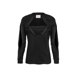 Women&#39;s Dialysis Shirt with BOTH Arm and Chest Access in ONE Shirt - ComfyHemo®DIALYSIS - Long Sleeve Black