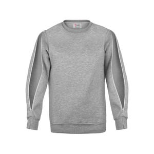 Pu&ograve; includere: Una felpa grigio m&eacute;lange con maniche aperte. Le maniche hanno un bordo bianco a contrasto e una cerniera. La felpa ha un girocollo e polsini e orlo a coste. Una piccola etichetta &egrave; visibile sul retro del collo.