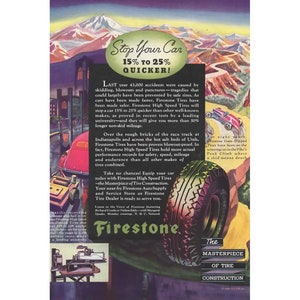 Anuncio impreso vintage de neumáticos Firestone de 1936 en color